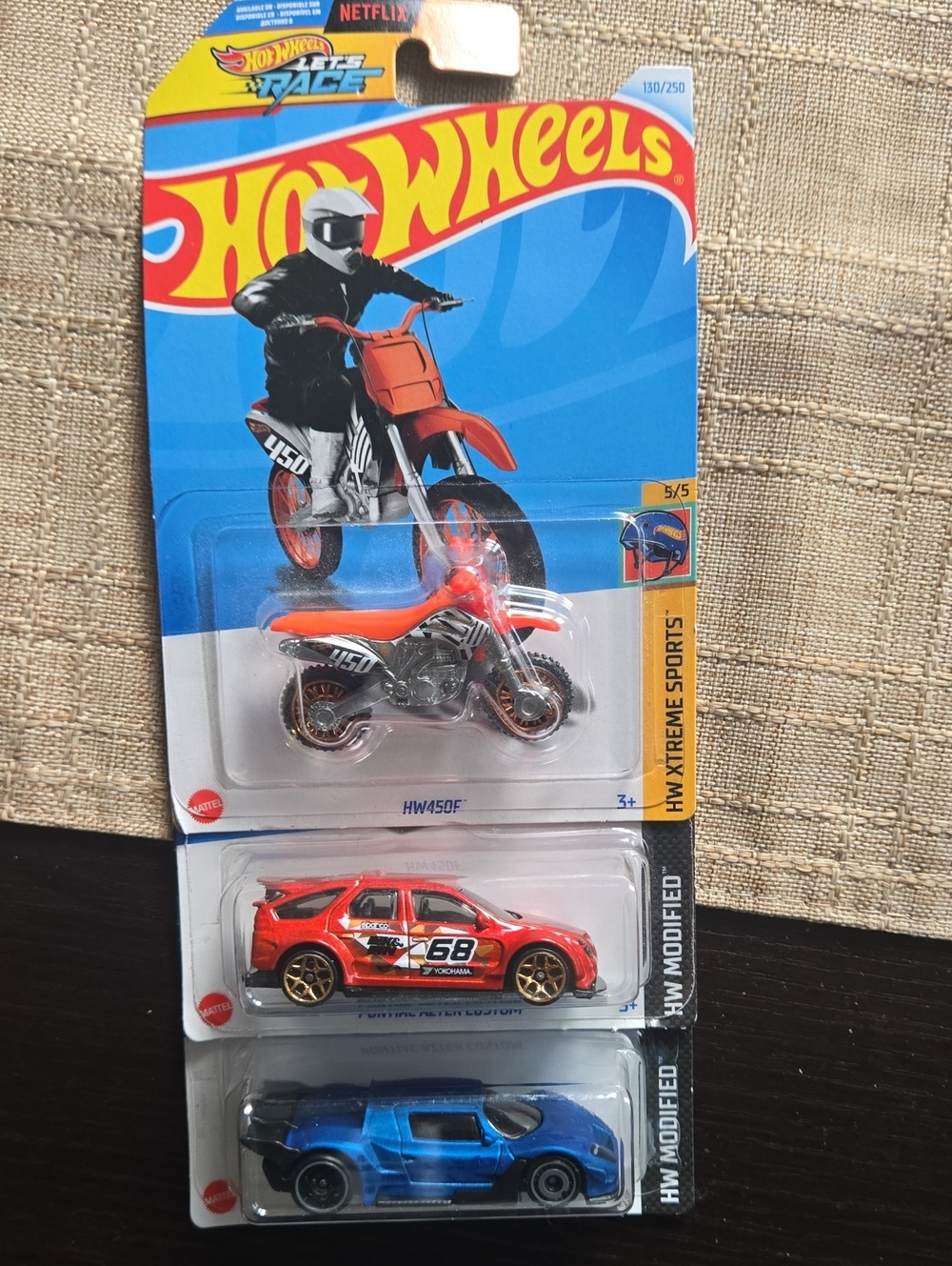 HOTWHEELS BUNDLE  Green Motorcycle, Red Car & Blue Drift Car Pack